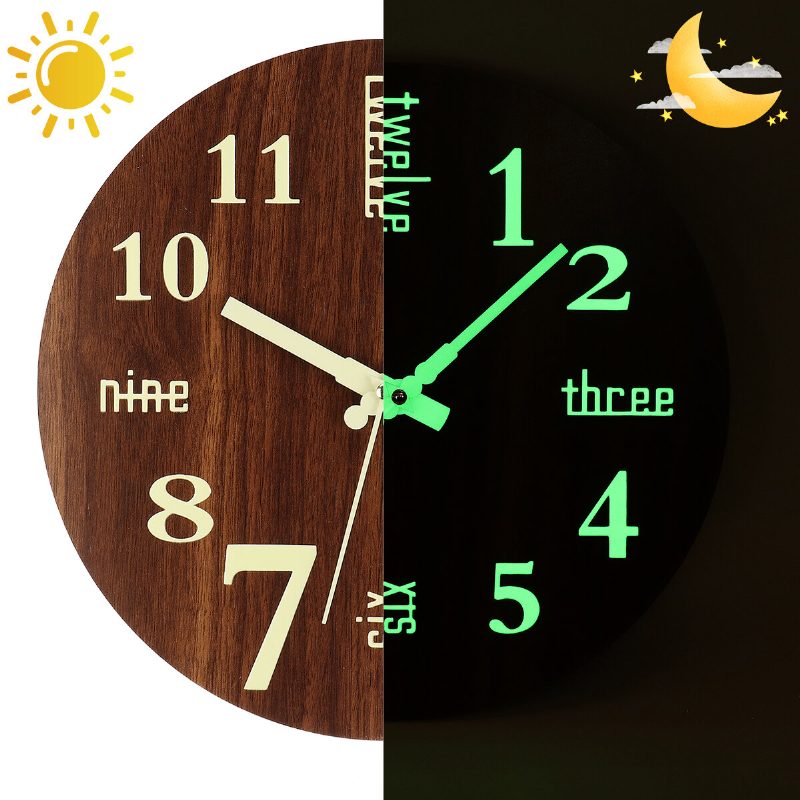 12 Tuuman Tummanruskea Puinen Valaiseva Seinäkello Hiljainen Kvartsi Hehku Pimeässä Kellotaide Kodin Sisustus