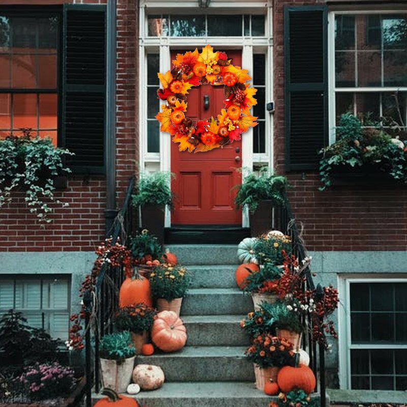 Halloween Keinotekoinen Kurpitsa Seppele Syksyn Värit Sadonkorjuu Vaahteranlehti Led-valonauha Oven Garland Decor