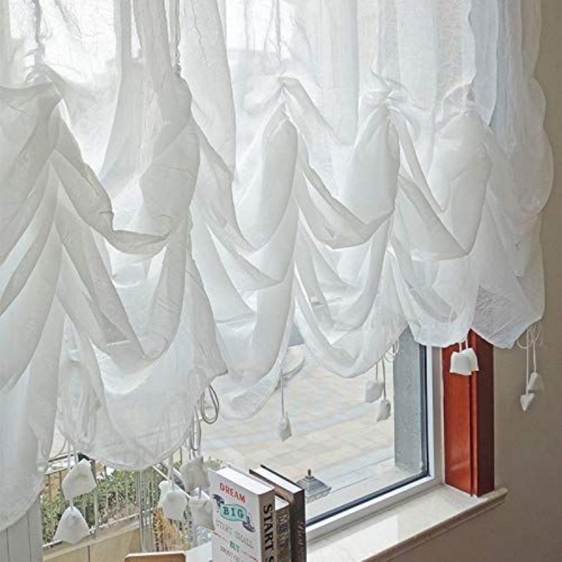 Farmhouse White Lace Sheer Curtain Shabby Elegant Chic Säädettävät Sidottavat Verhovarjostimet