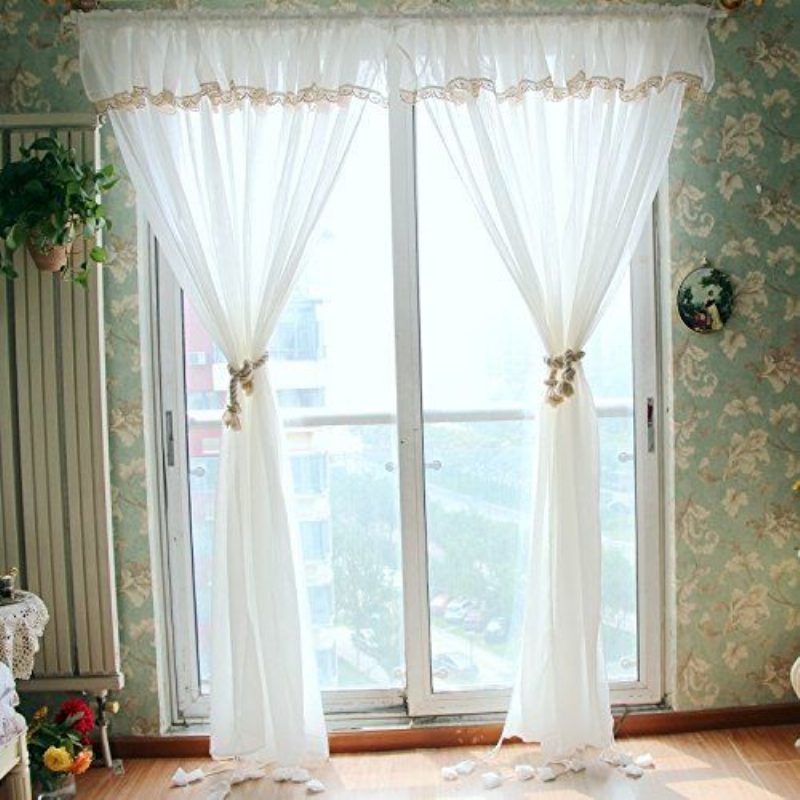 Farmhouse White Lace Sheer Curtain Shabby Elegant Chic Säädettävät Sidottavat Verhovarjostimet