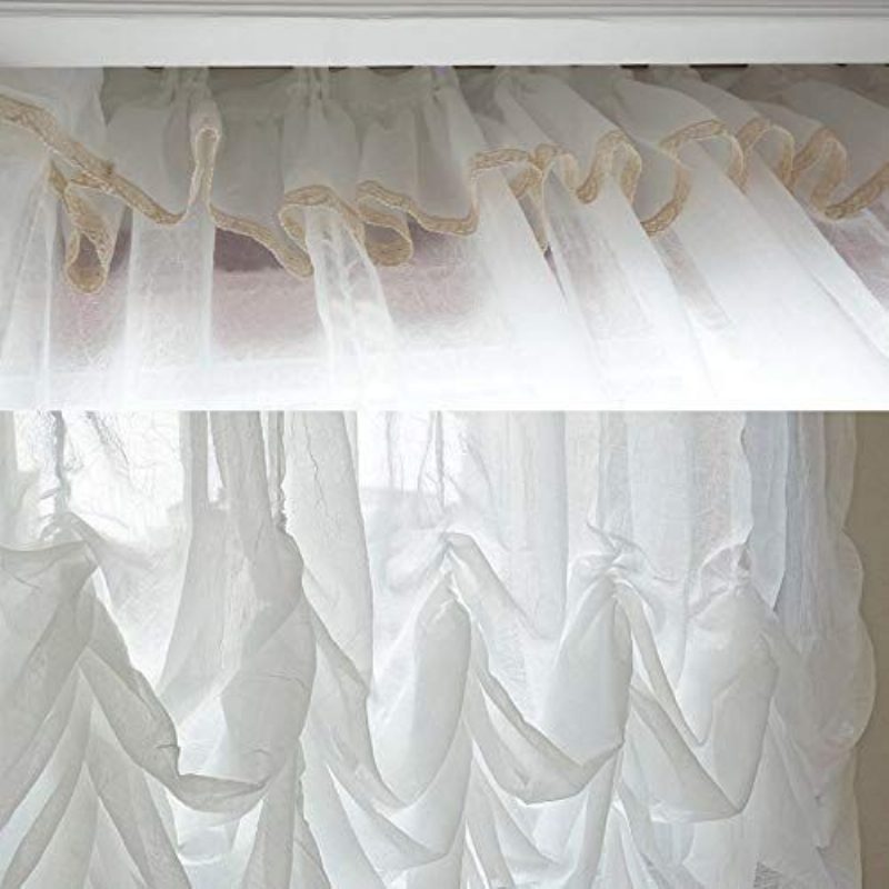 Farmhouse White Lace Sheer Curtain Shabby Elegant Chic Säädettävät Sidottavat Verhovarjostimet