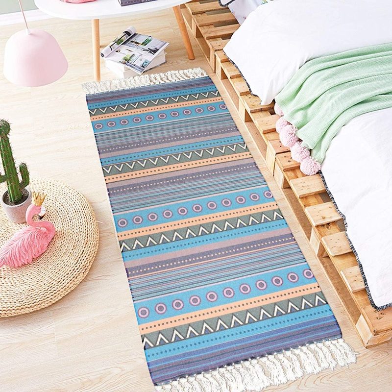 2kpl Puuvillaiset Mattosarjat Boho Stripe -painetut Tupsut Ovimatto Käsinkudotut Ulkona Juoksumattot Pestävä Punottu Matto Keittiön Eteiseen Kylpyhuoneen Pesuhuone 2'x3'+2'x4.3'