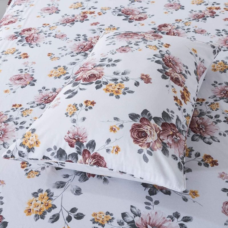 100 % Harjattua Puuvillaa Shabby White Kukkaistuimet Elegant Peony Flower Maalaistalon Vuodevaatteet Setti 4 Kpl Deep Pocket -lakanat