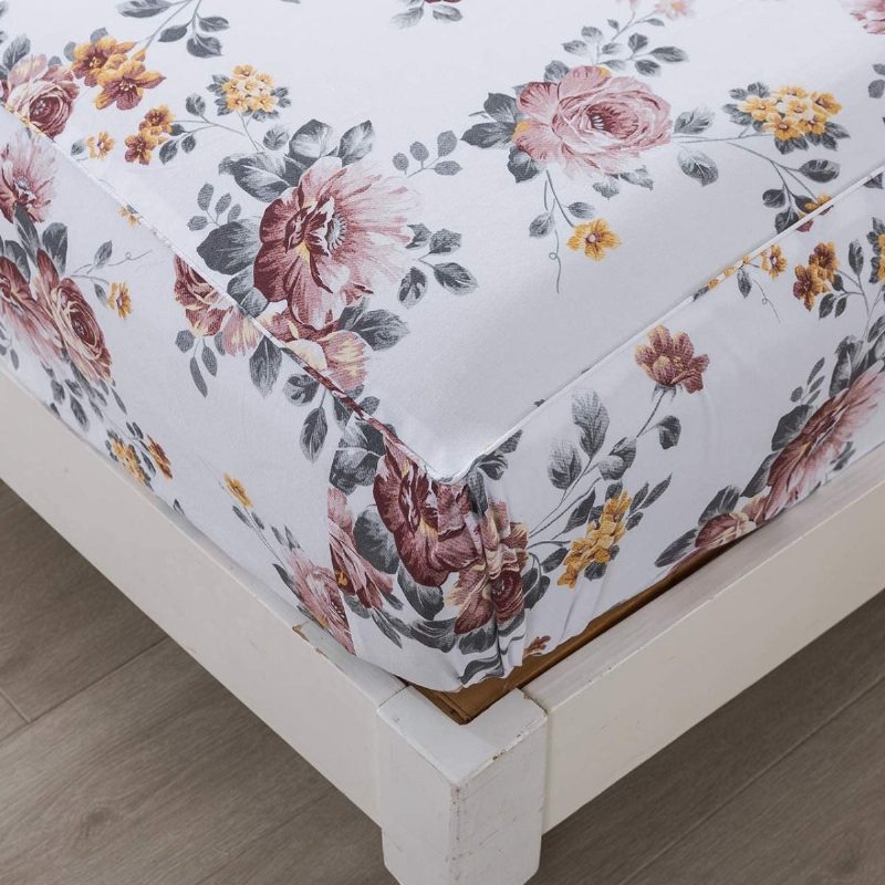 100 % Harjattua Puuvillaa Shabby White Kukkaistuimet Elegant Peony Flower Maalaistalon Vuodevaatteet Setti 4 Kpl Deep Pocket -lakanat