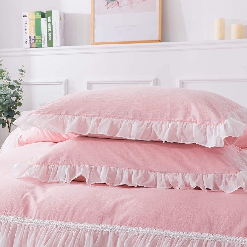 100 % Pesty Puuvilla Tyttöjen Tyylikäs Vuodesetti 3 Kpl White Sheer Ruffle Design Pinkki Prinsessa Pussilakana Setti