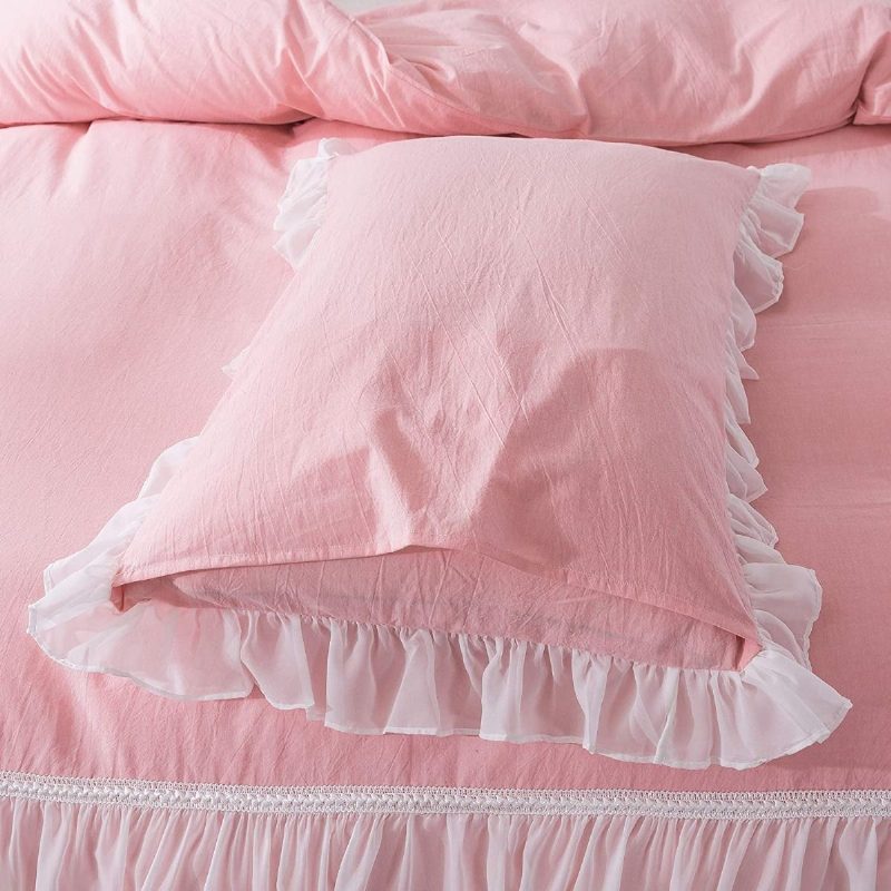 100 % Pesty Puuvilla Tyttöjen Tyylikäs Vuodesetti 3 Kpl White Sheer Ruffle Design Pinkki Prinsessa Pussilakana Setti