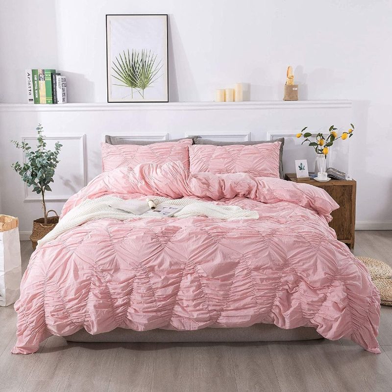 100 % Pestyä Puuvillaa Pinch Pleat Craft Pussilakanasetti 3 Kpl Luxury Pinkki Ruffle Laskostettu Tyttöjen Vuodevaatteet