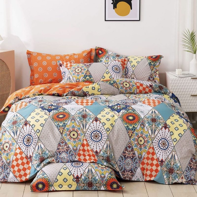 100 % Puuvillaa 600 Tc Bohemian Vuodevaatteet Setti 3 Kpl Monivärinen Geometrinen Pussilakanasetti Värikäs Damaskin Oranssi Ja Turkoosi Boho Käännettävä Vetoketjullinen Peittopäällinen