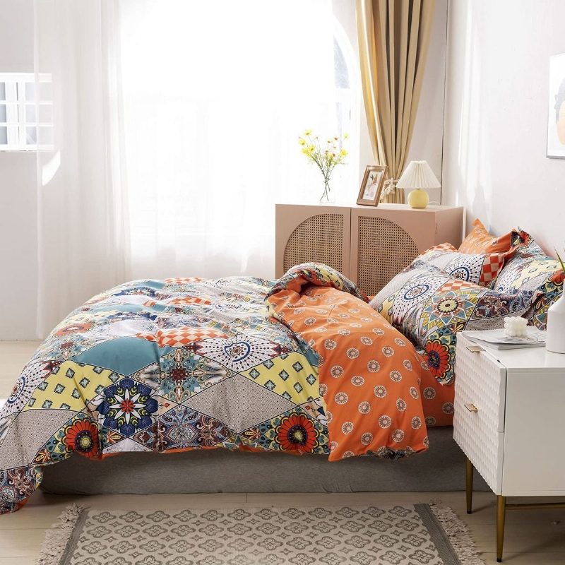 100 % Puuvillaa 600 Tc Bohemian Vuodevaatteet Setti 3 Kpl Monivärinen Geometrinen Pussilakanasetti Värikäs Damaskin Oranssi Ja Turkoosi Boho Käännettävä Vetoketjullinen Peittopäällinen