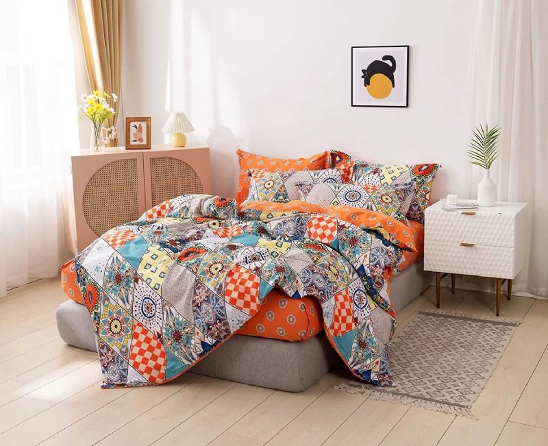 100 % Puuvillaa 600 Tc Bohemian Vuodevaatteet Setti 3 Kpl Monivärinen Geometrinen Pussilakanasetti Värikäs Damaskin Oranssi Ja Turkoosi Boho Käännettävä Vetoketjullinen Peittopäällinen