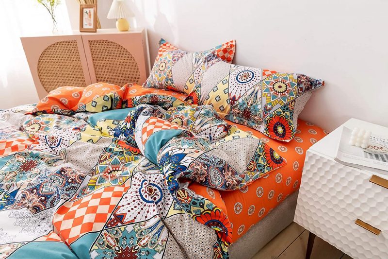 100 % Puuvillaa 600 Tc Bohemian Vuodevaatteet Setti 3 Kpl Monivärinen Geometrinen Pussilakanasetti Värikäs Damaskin Oranssi Ja Turkoosi Boho Käännettävä Vetoketjullinen Peittopäällinen