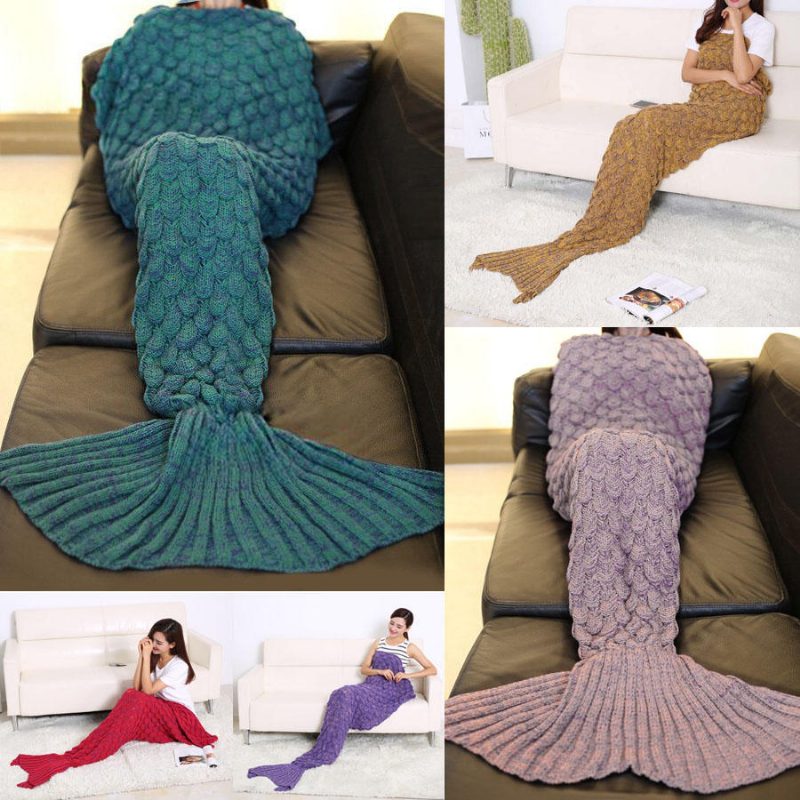 195x90cm Lanka Neulotut Mermaid Tail Peitot Käsintehdyt Virkatut Throw Super Pehmeä Vuodesohvamatto