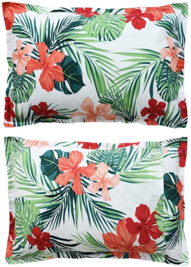 2kpl Havaijilaistyylinen Tyynyvarret Red Hibiscus Palm Leaves Tyynyliinat 100 % Puuvillaa Superpehmeä Hypoallergeeninen Piilovetoketju