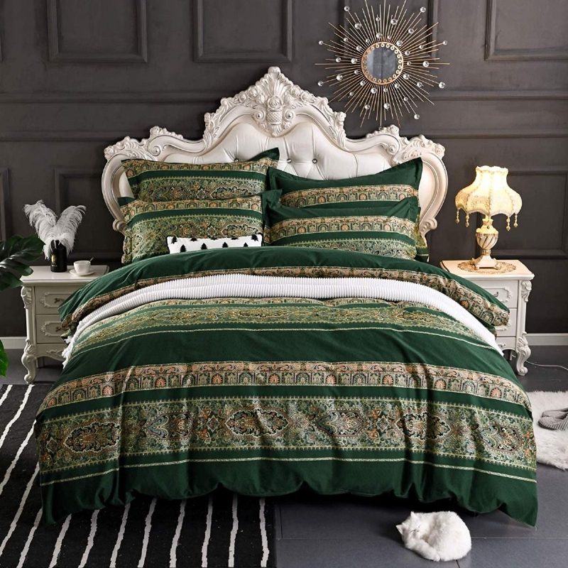 3 Kpl Boho Vuodevaatteet Setti Vintage Green Damask Bohemian Pussilakanat 100 % Harjattua Puuvillaa