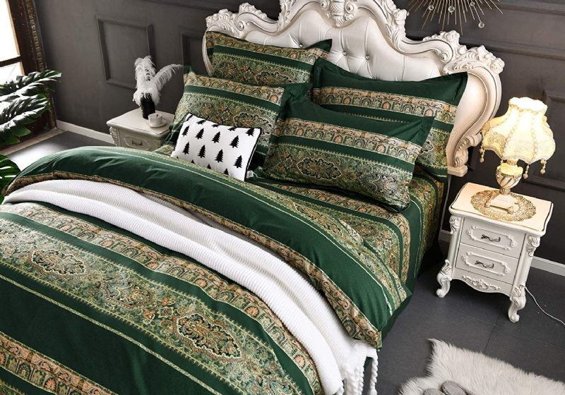 3 Kpl Boho Vuodevaatteet Setti Vintage Green Damask Bohemian Pussilakanat 100 % Harjattua Puuvillaa