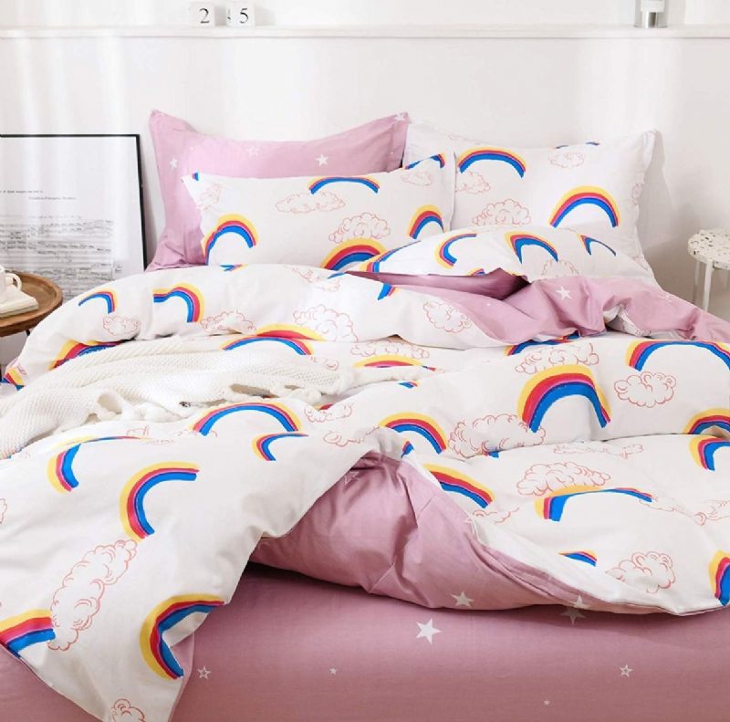 3 Kpl Kids Rainbow Cloud Pattern Vuodevaatteet Setti 100% Puuvillaa Girls Magical Stars Vaaleanpunainen Pussilakana