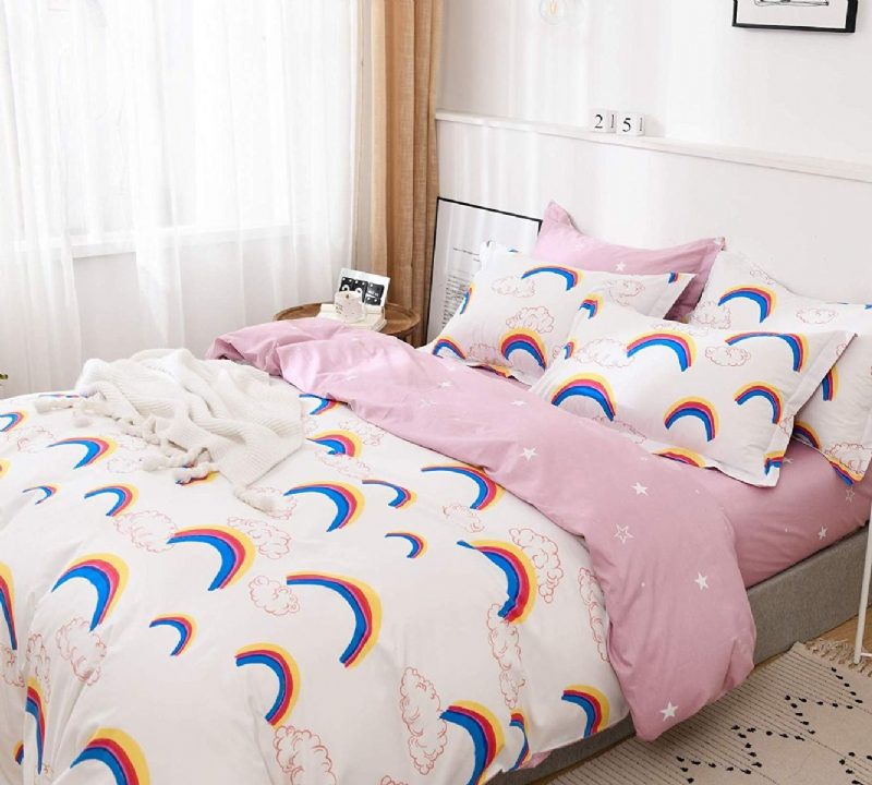 3 Kpl Kids Rainbow Cloud Pattern Vuodevaatteet Setti 100% Puuvillaa Girls Magical Stars Vaaleanpunainen Pussilakana