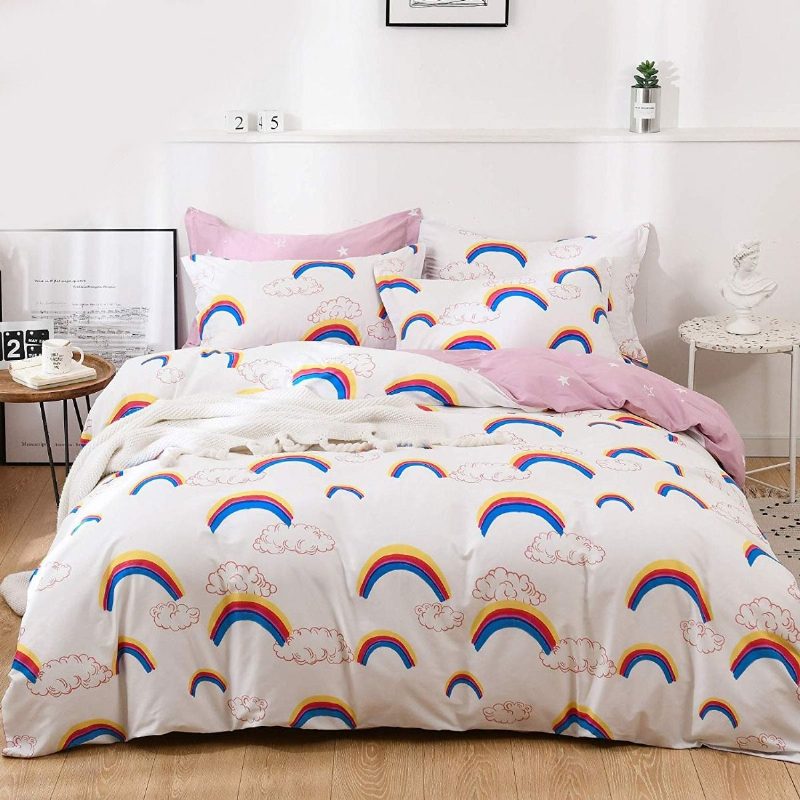 3 Kpl Kids Rainbow Cloud Pattern Vuodevaatteet Setti 100% Puuvillaa Girls Magical Stars Vaaleanpunainen Pussilakana