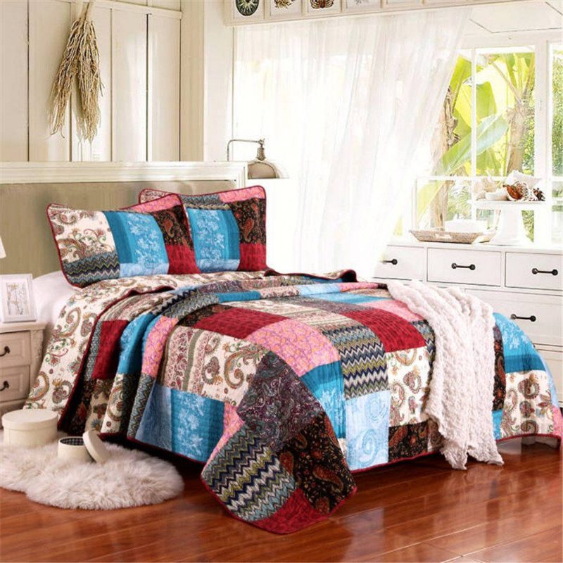 3 Kpl Luxury Quilt Bohemian Cotton Patchwork Tikattu Peitto Päiväpeitesetti Kirkas Vibrant Kukkainen Paisley Vuodevaatteet Setti Queen