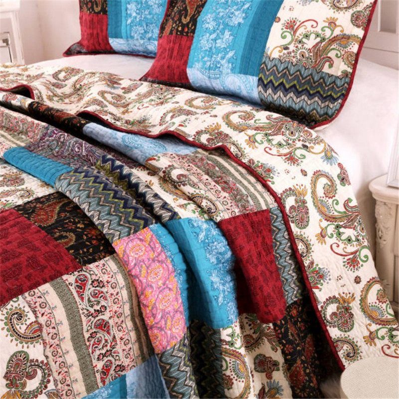 3 Kpl Luxury Quilt Bohemian Cotton Patchwork Tikattu Peitto Päiväpeitesetti Kirkas Vibrant Kukkainen Paisley Vuodevaatteet Setti Queen