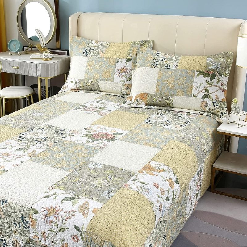 3 Kpl Queen Size -peittosetti Farmhouse Rose Kukkaistuva Päiväpeitesetti Romanttinen Pieni Kukka Patchwork Kevyt Peittosarja