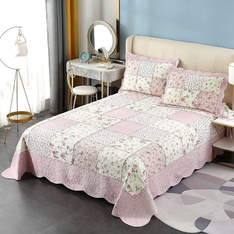 3 Kpl Queen Size -peittosetti Farmhouse Rose Kukkaistuva Päiväpeitesetti Romanttinen Pieni Kukka Patchwork Kevyt Peittosarja