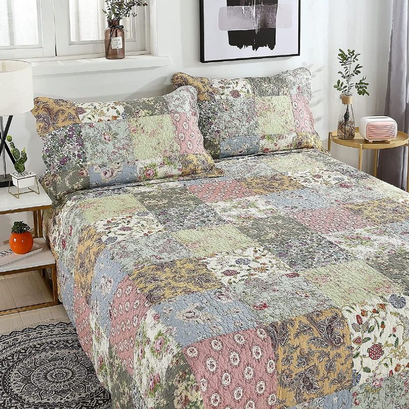 3 Kpl Queen Size -peittosetti Vintage Farmhouse Kukkaistuva Päiväpeitesetti Ylellinen Shabby Chic Patchwork Kevyt Peittosarja