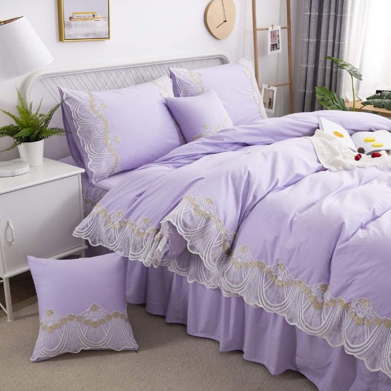 3 Kpl Tyttöjen Vuodevaatteet Setti 100 % Puuvillaa Solid Purppura Prinsessa Pitsi Ruffle Ylellinen Pussilakanasetti