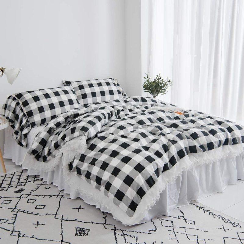 3kpl Buffalo Plaid Pussilakana Setti Romanttinen Pitsi Röyhelöt Gingham Geometric Checker Mustavalkoinen Tyylikäs Vuodesetti