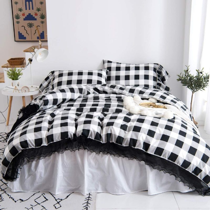 3kpl Buffalo Plaid Pussilakana Setti Romanttinen Pitsi Röyhelöt Gingham Geometric Checker Mustavalkoinen Tyylikäs Vuodesetti