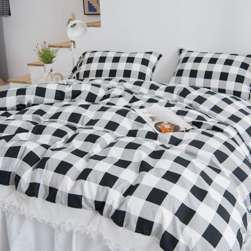 3kpl Buffalo Plaid Pussilakana Setti Romanttinen Pitsi Röyhelöt Gingham Geometric Checker Mustavalkoinen Tyylikäs Vuodesetti