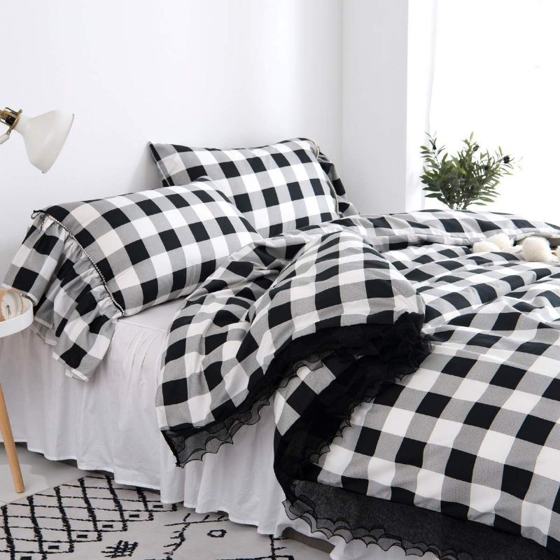 3kpl Buffalo Plaid Pussilakana Setti Romanttinen Pitsi Röyhelöt Gingham Geometric Checker Mustavalkoinen Tyylikäs Vuodesetti