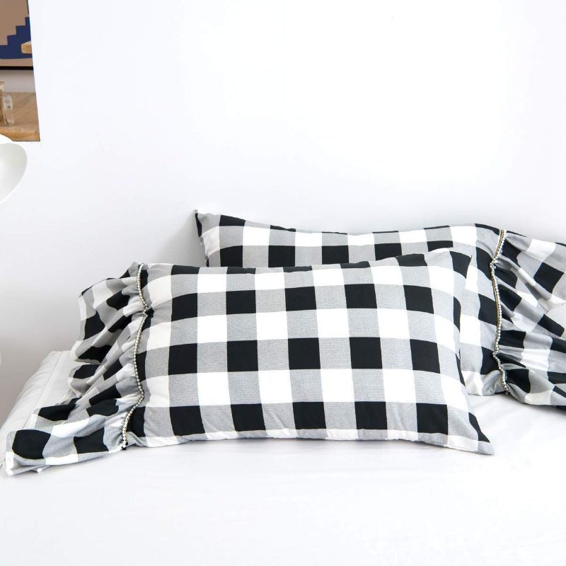 3kpl Buffalo Plaid Pussilakana Setti Romanttinen Pitsi Röyhelöt Gingham Geometric Checker Mustavalkoinen Tyylikäs Vuodesetti