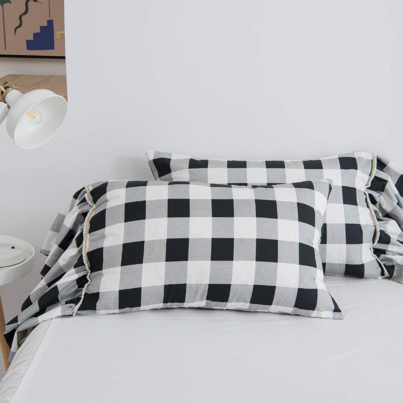 3kpl Buffalo Plaid Pussilakana Setti Romanttinen Pitsi Röyhelöt Gingham Geometric Checker Mustavalkoinen Tyylikäs Vuodesetti