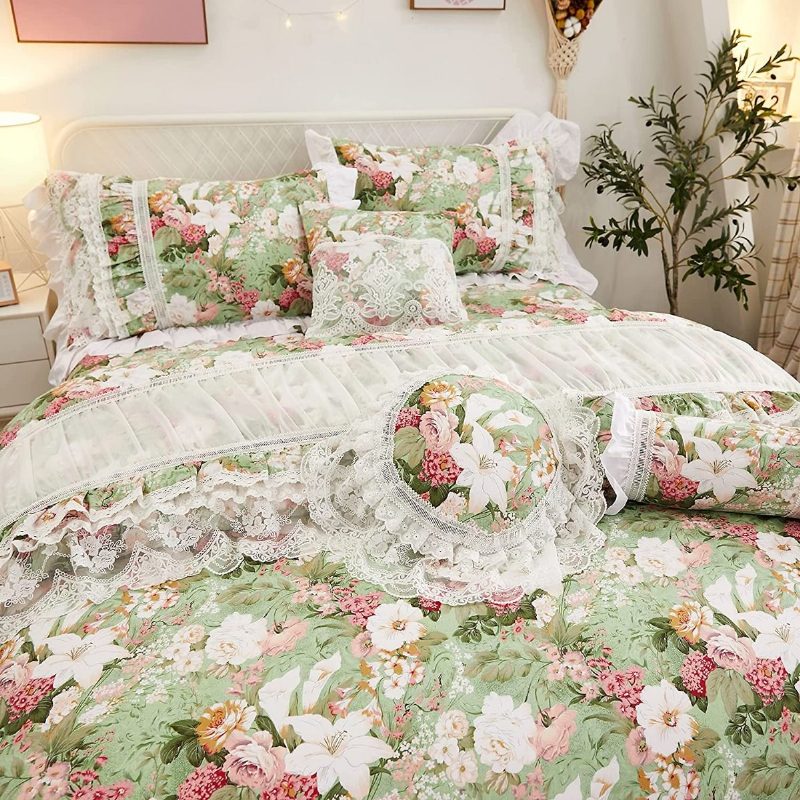 4 Kpl French Country Style Vuodevaatteet Setti 100 % Puuvillaa 600 Tc Princess Lace Ruffle Garden Flowers Pussilakanasetti Luxury White Dust 18'' Split Corner Sängyn Hame Ja 2 Tyynyliinaa