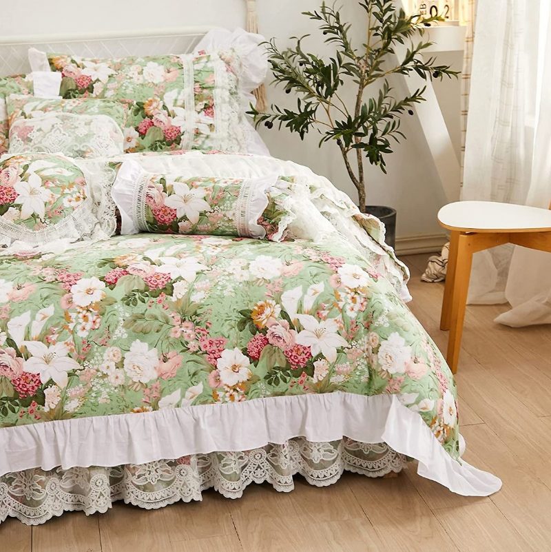 4 Kpl French Country Style Vuodevaatteet Setti 100 % Puuvillaa 600 Tc Princess Lace Ruffle Garden Flowers Pussilakanasetti Luxury White Dust 18'' Split Corner Sängyn Hame Ja 2 Tyynyliinaa