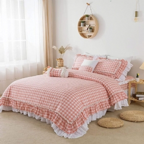 4 Kpl Girls Pink Grid Vuodevaatteet Setti 100 % Puuvillaa Houndstooth Pattrern Lace Ruffle Design Pussilakana 18'' Korkeus Sängynhame Ja 2 Tyynyliinaa