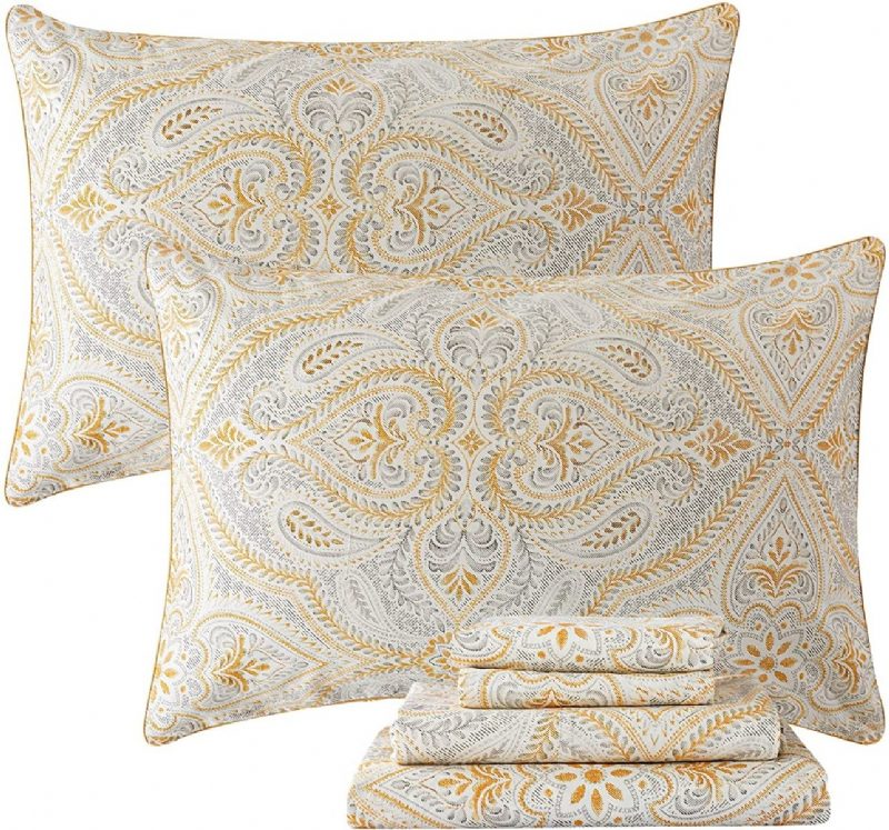 4 Kpl Luxury Gold Paisley -lakanat Klassinen Damask Vuodesetti 100 % Puuvilla Hengittävä Ultra Pehmeä Hypoallergeeninen Deep Pocket -sovitettu Lakana