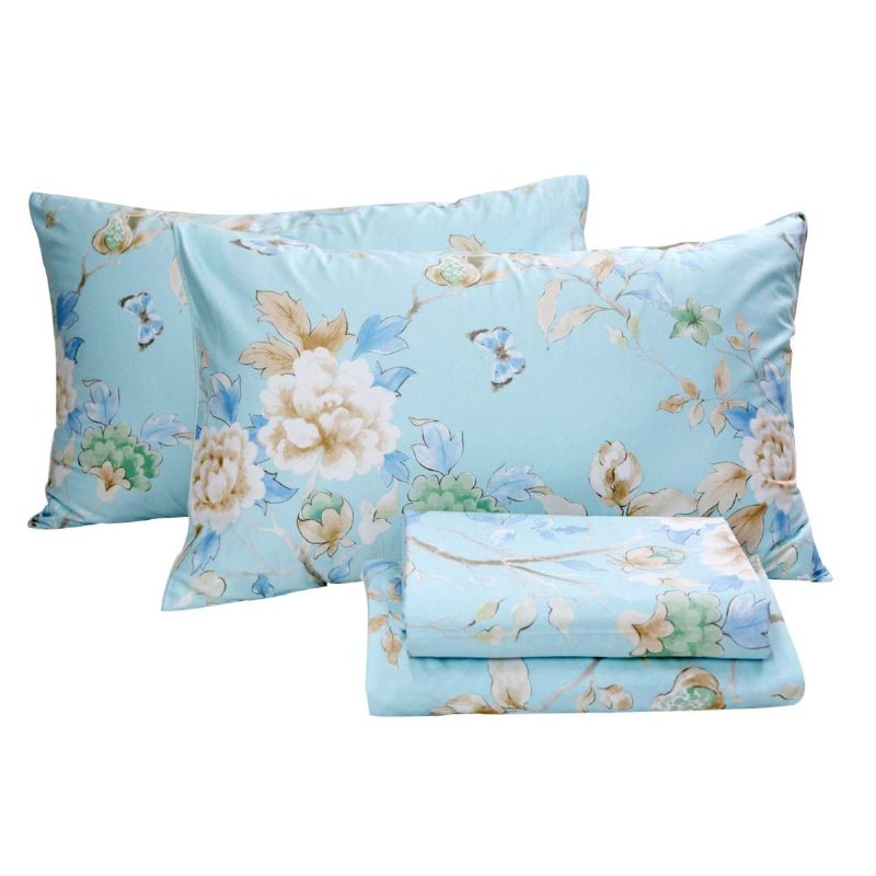 4 Kpl Maalaistalon Kukkainen Vuodevaatteet Setti Shabby Blue Bird Print Lakanat 800 Lanka 100 % Egyptiläistä Puuvillaa Syvä Tasku