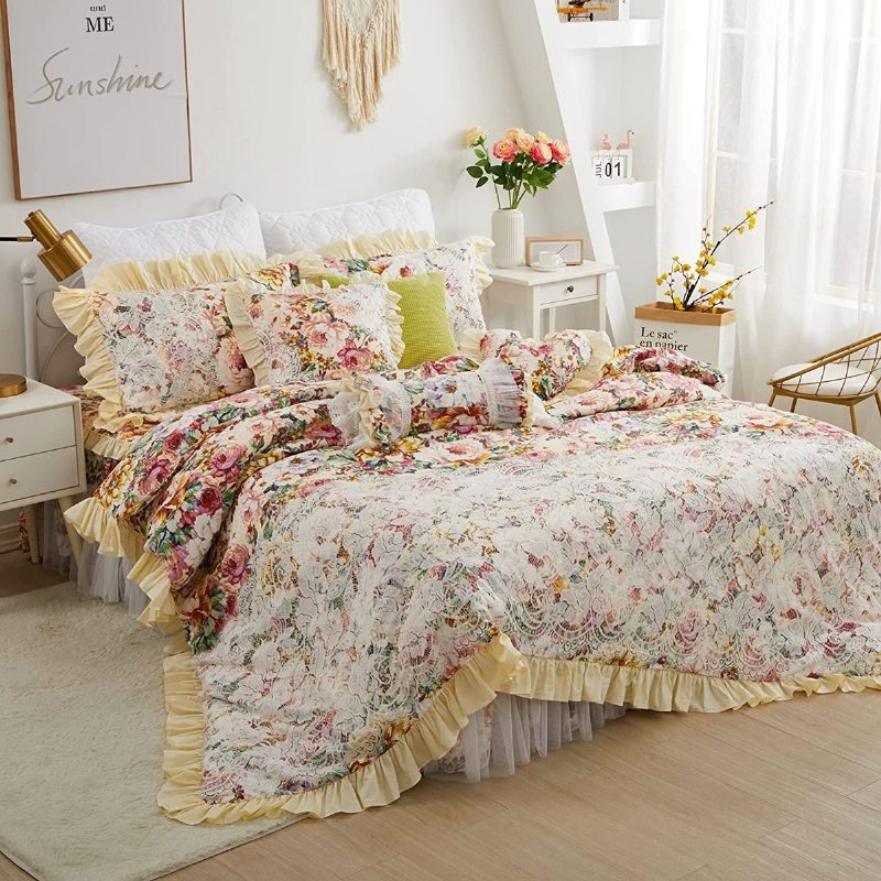 4 Kpl Shabby Floral Vuodevaatteet Setti 100 % Puuvillaa 600 Tc Princess Lace Ruffle Peony Rose Pussilakana Pehmeällä Valkoisella Pitsipölyröyhelöllä 18'' Halkaistu Kulmasänky Hame Ja 2 Tyynyliinaa