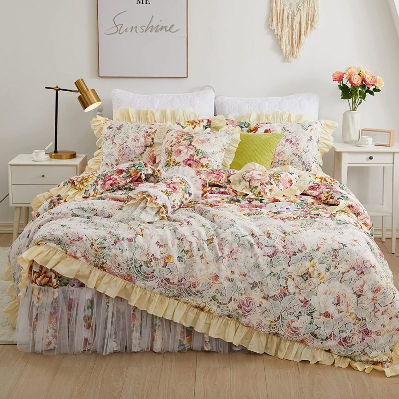 4 Kpl Shabby Floral Vuodevaatteet Setti 100 % Puuvillaa 600 Tc Princess Lace Ruffle Peony Rose Pussilakana Pehmeällä Valkoisella Pitsipölyröyhelöllä 18'' Halkaistu Kulmasänky Hame Ja 2 Tyynyliinaa