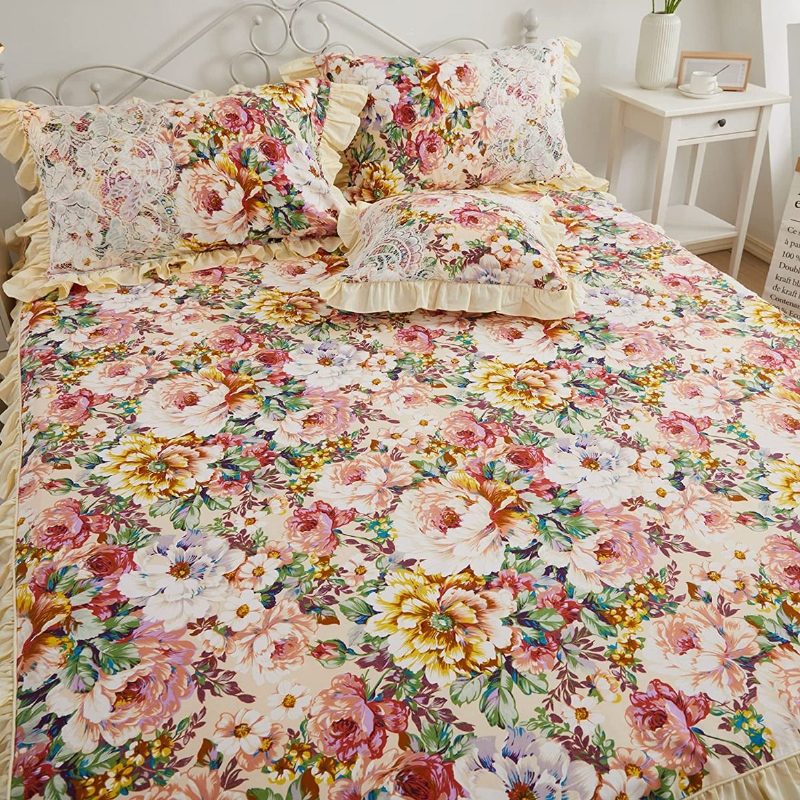 4 Kpl Shabby Floral Vuodevaatteet Setti 100 % Puuvillaa 600 Tc Princess Lace Ruffle Peony Rose Pussilakana Pehmeällä Valkoisella Pitsipölyröyhelöllä 18'' Halkaistu Kulmasänky Hame Ja 2 Tyynyliinaa