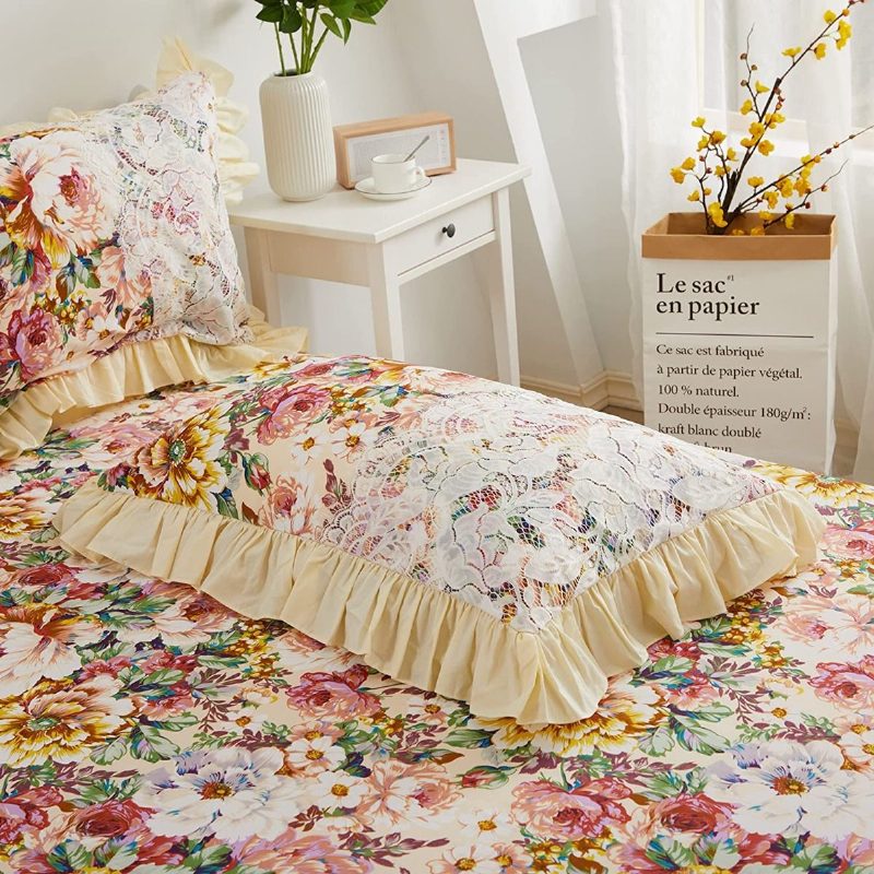 4 Kpl Shabby Floral Vuodevaatteet Setti 100 % Puuvillaa 600 Tc Princess Lace Ruffle Peony Rose Pussilakana Pehmeällä Valkoisella Pitsipölyröyhelöllä 18'' Halkaistu Kulmasänky Hame Ja 2 Tyynyliinaa