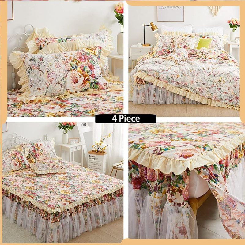 4 Kpl Shabby Floral Vuodevaatteet Setti 100 % Puuvillaa 600 Tc Princess Lace Ruffle Peony Rose Pussilakana Pehmeällä Valkoisella Pitsipölyröyhelöllä 18'' Halkaistu Kulmasänky Hame Ja 2 Tyynyliinaa