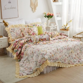 4 Kpl Shabby Floral Vuodevaatteet Setti 100 % Puuvillaa 600 Tc Princess Lace Ruffle Peony Rose Pussilakana Pehmeällä Valkoisella Pitsipölyröyhelöllä 18'' Halkaistu Kulmasänky Hame Ja 2 Tyynyliinaa