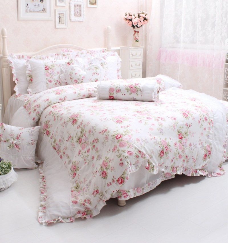 4 Kpl Shabby Rose Kukkainen Vuodevaatteet Setti Elegant Country Style Ruffles Girls 100 % Puuvillaa Pussilakana