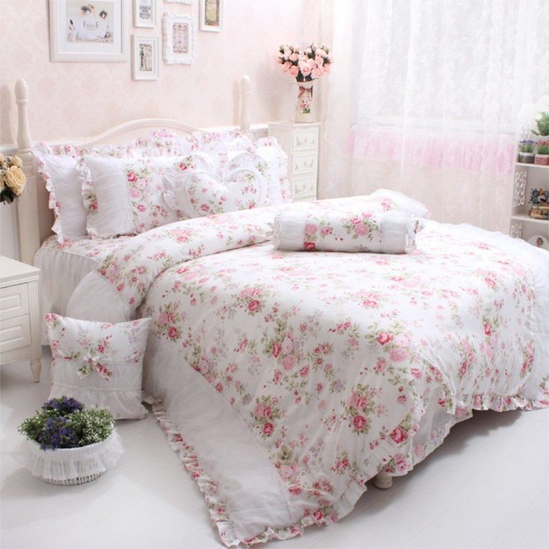 4 Kpl Shabby Rose Kukkainen Vuodevaatteet Setti Elegant Country Style Ruffles Girls 100 % Puuvillaa Pussilakana