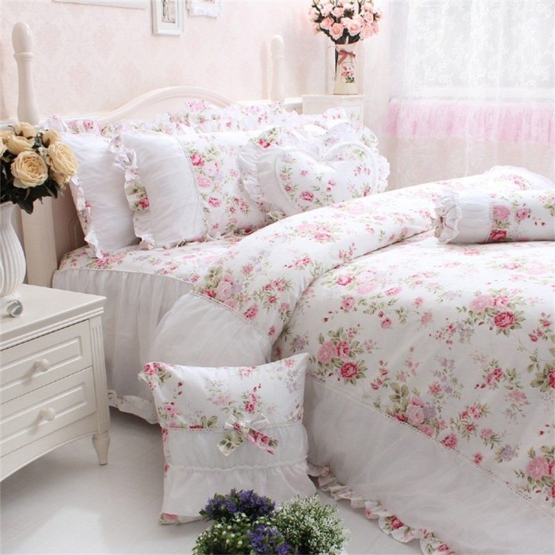 4 Kpl Shabby Rose Kukkainen Vuodevaatteet Setti Elegant Country Style Ruffles Girls 100 % Puuvillaa Pussilakana