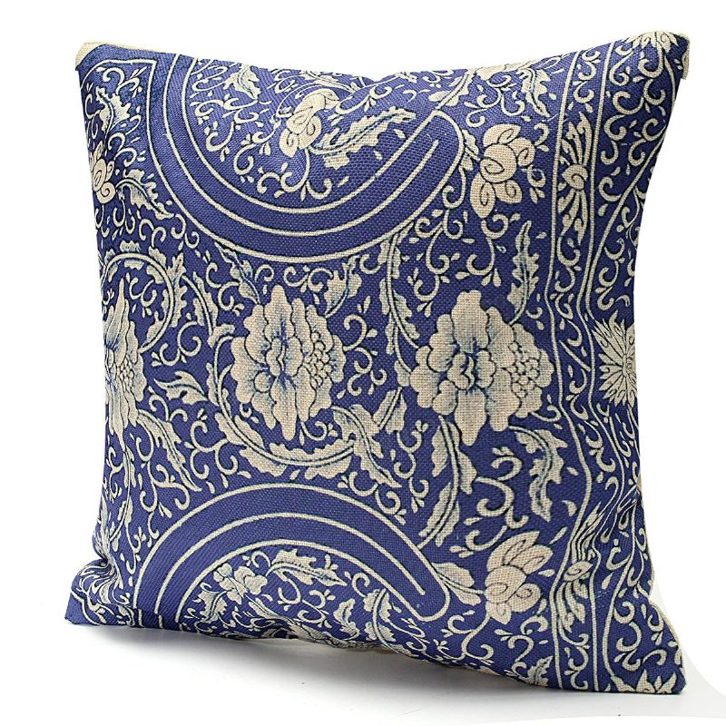 45x45cm Vintage Oriental Retro Blue Kukkainen Pellavatyynynpäällinen Tyynynpäällinen Kodin Sisustus