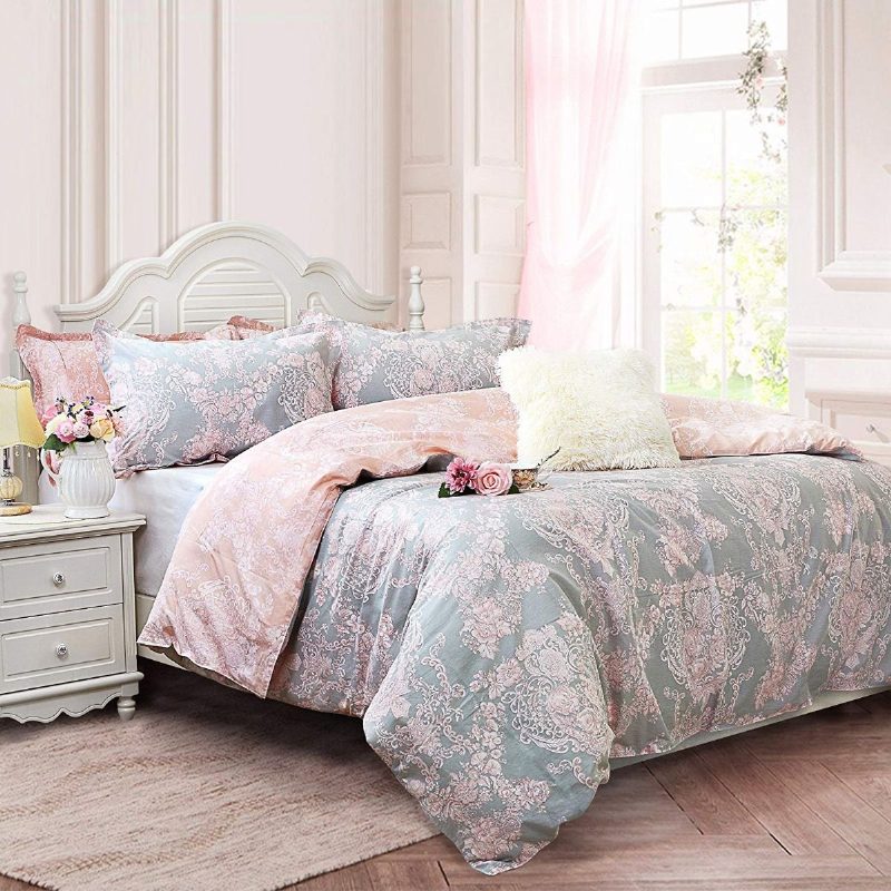 Blush Pink Girls Vuodevaatteet Setti 100% Puuvillaa Damask Kukkaiset Vetoketjullinen Pussilakana